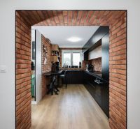Brick kitchen with black cabinets and wood-patterned flooring in a two-room apartment.