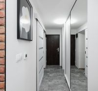 Hallway with entrance door, large mirror, tiles, and decorative cladding in a 2-room apartment.