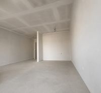 A spacious room with neutral walls and light flooring in a studio apartment.