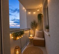 A balcony in a one-room apartment with soft lighting and plants, evening views.