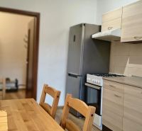 A kitchen in a studio apartment with a wooden table, a refrigerator, and a gas stove.