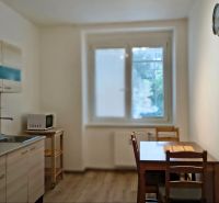 A kitchen in a studio apartment with a dining table and a wooden decor floor.