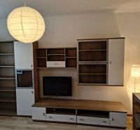 Living room in a studio apartment with furniture and a television on a wooden floor.