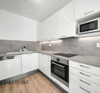A kitchen with a corner unit and a wooden decor floor in a 2-room apartment.