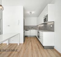 A kitchen in a 2-room apartment with a wooden decor floor and built-in appliances.