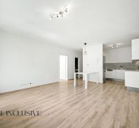 Living room in a 2-room apartment with a kitchen and a wooden decor floor.