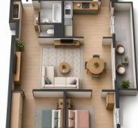 Floor plan of a 3-room apartment with wood-patterned flooring and a balcony.