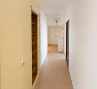 A hallway with storage space and a wooden decor floor in a 3-room apartment.