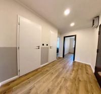 A hallway with a wooden decor floor and white doors in a 3-room apartment.