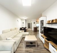 Living room in a 3-room apartment with a wooden decor floor, cream sofa, and TV.