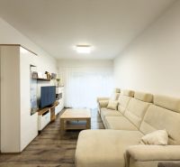 Living room in a 3-room apartment with a light sofa, wooden decor flooring, and a TV stand.