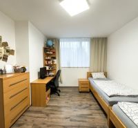 A bedroom in a 3-room apartment with a wood-decor floor, two beds, and a desk.