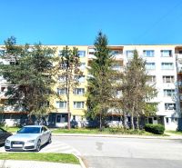 Apartment building in Fiľakovo, exterior with cars and greenery in front of a 4-room apartment.