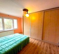 Bedroom with a built-in wardrobe and a floor with a wood decor in a 4-room apartment.