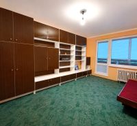 A room with a built-in wardrobe in a 4-room apartment, green carpet, radiator, large window.