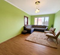 Living room in a 4-room apartment with a sofa, armchairs, and green walls; floor with wooden decor.