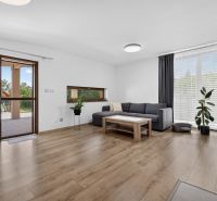 Living room in a family house with a wooden decor floor, sofa, and balcony.