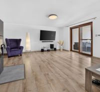 Living room with a fireplace, purple armchair, television, and wood-patterned flooring in a family house.