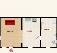 Floor plan of a family house with three rooms, a living room, and a kitchen.
