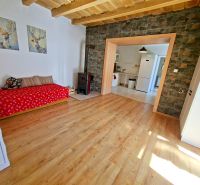 A wooden decor floor in a family house with a stone wall and deer decoration.