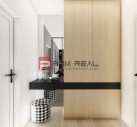A hallway in a two-room apartment with a wood-patterned floor and a wardrobe.