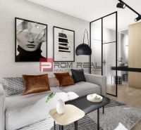 Living room in a two-room apartment with a sofa and art paintings on the wall.