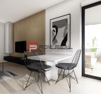 Interior of a 2-room apartment with a wooden decor floor, dining area, and balcony.