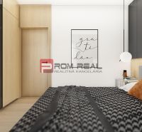 A bedroom in a 2-room apartment with a wood-patterned floor, a wardrobe, and wall art.