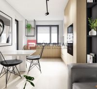 Interior of a 2-room apartment with a dining table, black chairs, and a wooden decor floor.