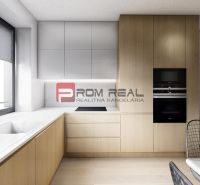 A kitchen in a 2-room apartment with a wood-patterned floor and modern furnishings.