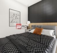 A bedroom in a two-room apartment with a wood-patterned floor, elegant furniture, and decorations.