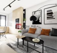 Living room in a two-room apartment with a wooden decor floor, neutral design.