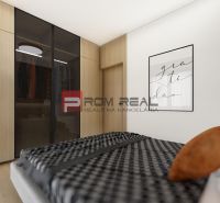 Bedroom in a 2-room apartment with a wood-patterned floor and a built-in wardrobe.