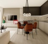 Living room in a 3-room apartment with a wooden decor floor and an open kitchen.