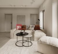 A bright living room with wood-patterned flooring, a comfortable sofa, and glazing in a three-room apartment.
