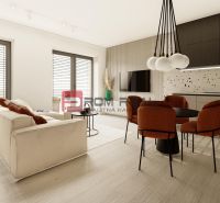 Living room with wood-patterned flooring, a sofa, and a dining area in a 4-room apartment.