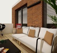 Garden terrace of a 3-room apartment with a grill and rattan furniture on a floor with wooden decor.