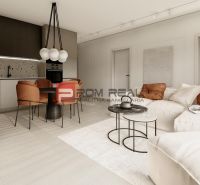 Living room in a 3-room apartment with a cream sofa and a kitchen with dark cabinets.