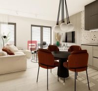Interior of a 3-room apartment with terrazzo cladding and flooring with a wood decor.