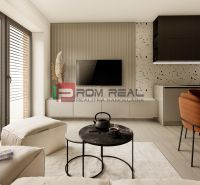 Living room in a 3-room apartment with a terrace and a wooden decor floor.