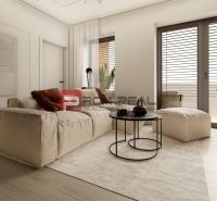 A comfortable living room in a 3-room apartment with a wooden-patterned floor and large windows.