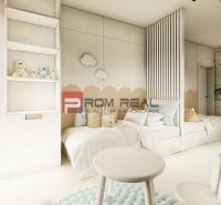 Children's room with patterned wallpaper and toys in a 4-room apartment, floor with wooden decor.
