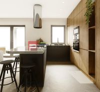 A kitchen in a 4-room apartment with a wooden decor floor and a central island.