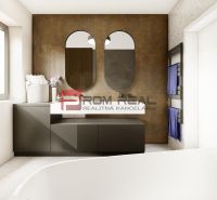 A bathroom with mirrors and dark furniture in a 4-room apartment, elegant design.