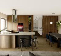 Kitchen with dining area in a 4-room apartment. Floor with wood decor, elegant lighting.