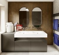 Modern bathroom with double sink in a 4-room apartment, with a basket and mirrors.