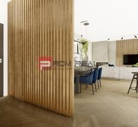 Interior of a 4-room apartment with a wall featuring a wooden decor and stylish furniture.