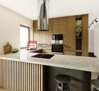 A kitchen in a 4-room apartment with a wooden decor and a stylish island.