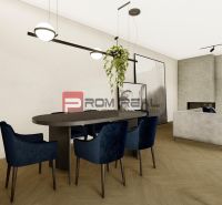 Dining area with blue chairs and wood-patterned flooring in a 4-room apartment.