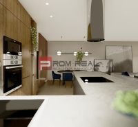 A kitchen in a 4-room apartment with an island, wooden decor, and pendant lights.